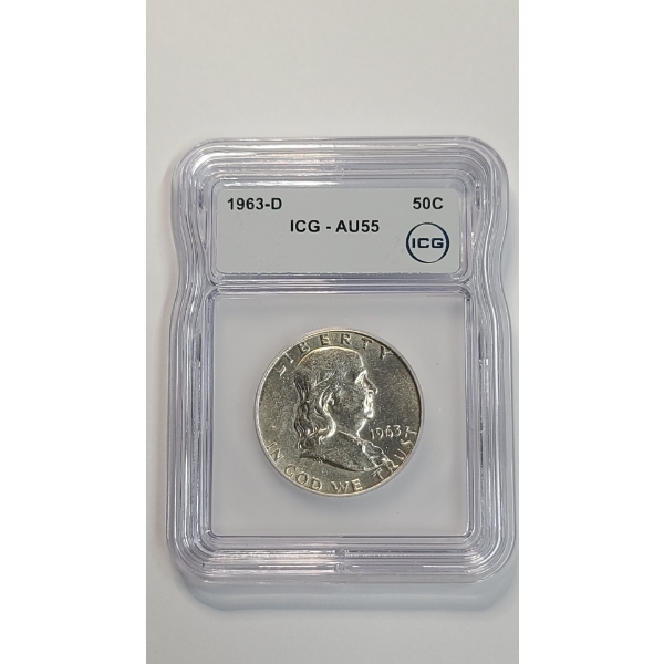 ICG 1963-D AU55 90% Silver Franklin Half Dollar