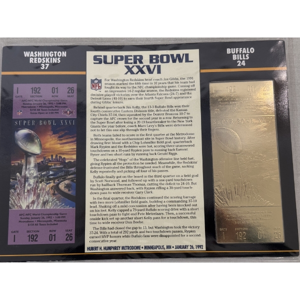 Authentic 1992 Super Bowl XXVI NFL Football Ticket & 24K Gold Plated Ticket - Mint Condition