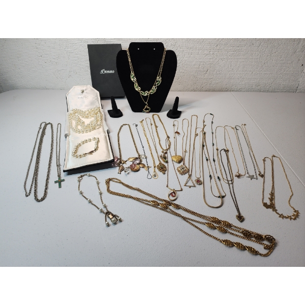 Large Lot of Assorted Costume Jewelry Including Pearl Necklace, Gold-Tone & Silver-Tone Pieces