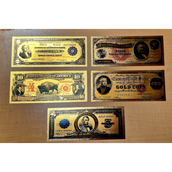  5 Pc Set Pure 24k .999 Gold Foil Bank Note US Historic Large Note Currency Replicas - Each In Mint 
