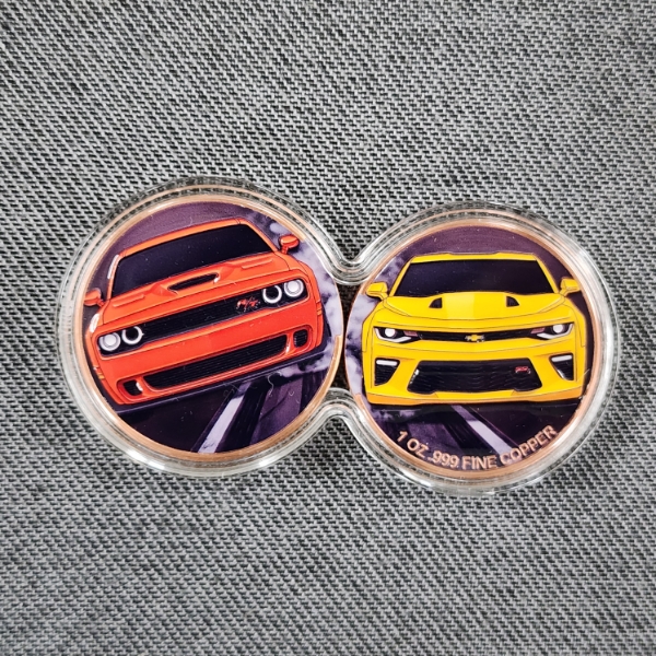Incredible 2 Coin Display Case Ft. Two Separate 1 Oz Copper Rounds EA FT. Drag Race Car ~2 Oz Copper
