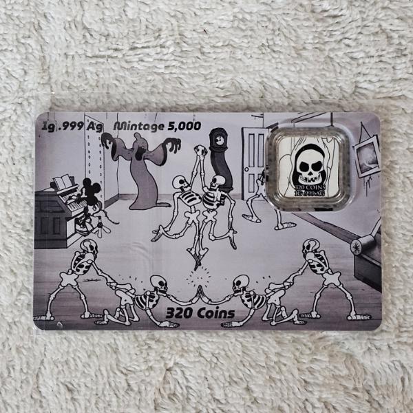 A 320 Coins Disney Mickey Mouse Skeleton Dance 1g .999 Fine Silver Carded Bullion Bar
