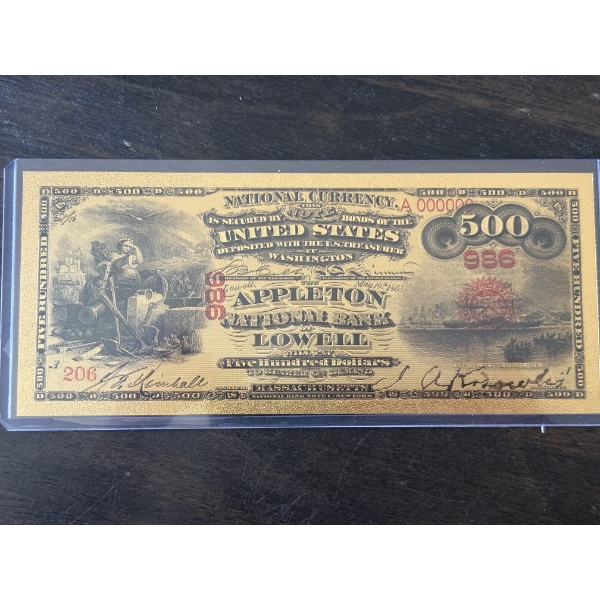National Currency $500 Lowell, Massachusetts .999 Gold Foil Note In Holder - Mint Condition