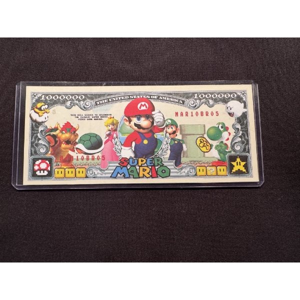 Vintage Super Mario Brothers ONE MILLION Dollar Note In Protective Holder - Mint Condition
