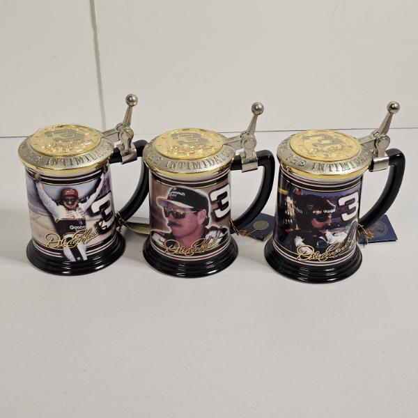 Three Vintage Dale Earnhardt #3 Collector Tankards, crafted in Fine Porcelain by The Franklin Mint