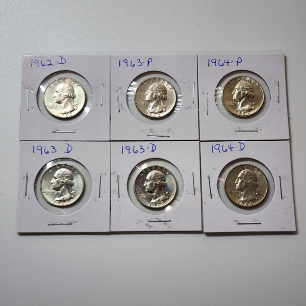 Six Assorted Years United States 90% Silver Washington Quarters - Face Value: $1.50