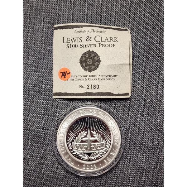 Lewis & Clark $100 Silver Proof Shawnee Tribe 4 Oz Silver Round With COA