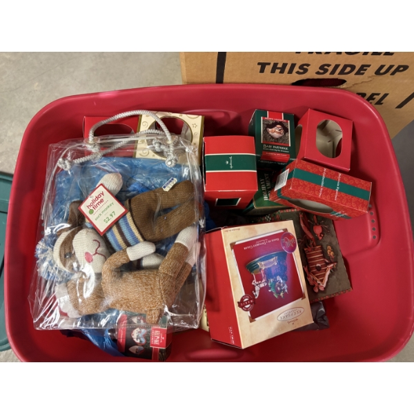 *Pick Up At Mantua Home-No Shipping Available*  Tons of Christmas Decor in Red Storage Bin