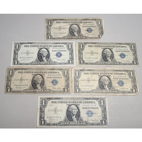 Series 1935, 1935 D, 1935 E, 1957 A $1 Silver Certificate Bank Notes - Face Value: $6.00
