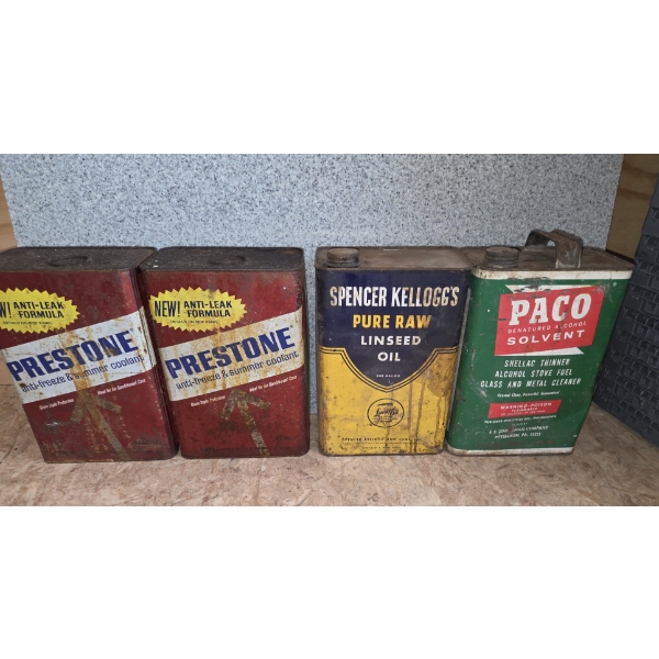 Two Vintage Unopened 1 Gallon Prestone Coolant Cans & Two Gallon Empty Oil Cans