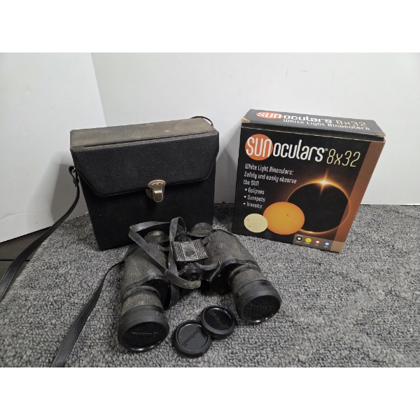 New In Box Sunoclulars 8x32 For Eclipse, Sunspots, Etc. And Bushnell Insta Focus Binoculars With Cas