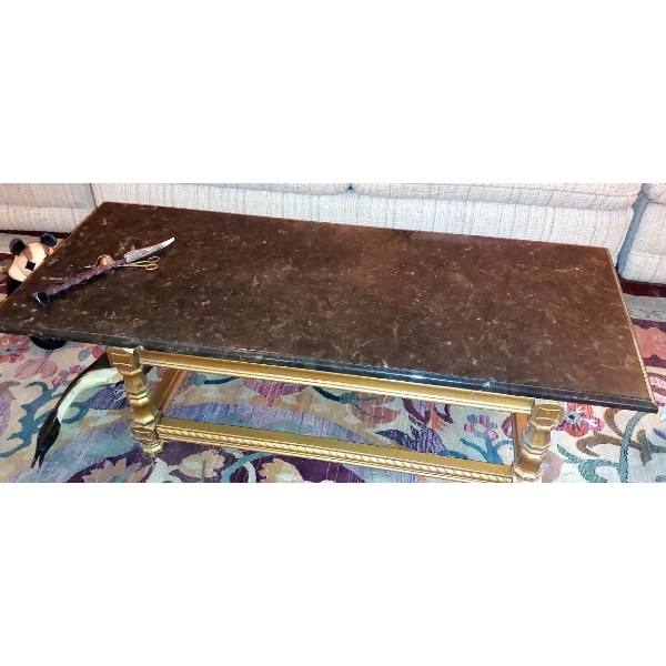 48" x 20" x 16" Black Marble Top Living Room / Center Coffee Table - Matching Pair Of End Tables