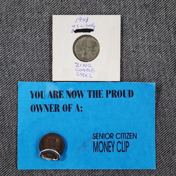 Two United States Pennies - 1943 Steel Penny & Senior Citizen Money Clip Made From Penny!