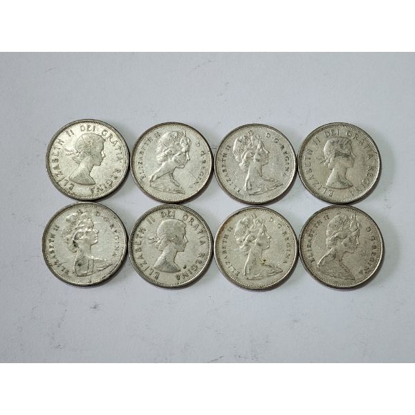 x8 Assorted Years Canadian Silver Quarters Including 1960's FV: $2.00 CAD