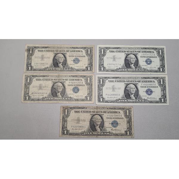 (5) $1 Silver Certificates - Series 1935 F, 1957 , 1957 A - Face Value: $5.00