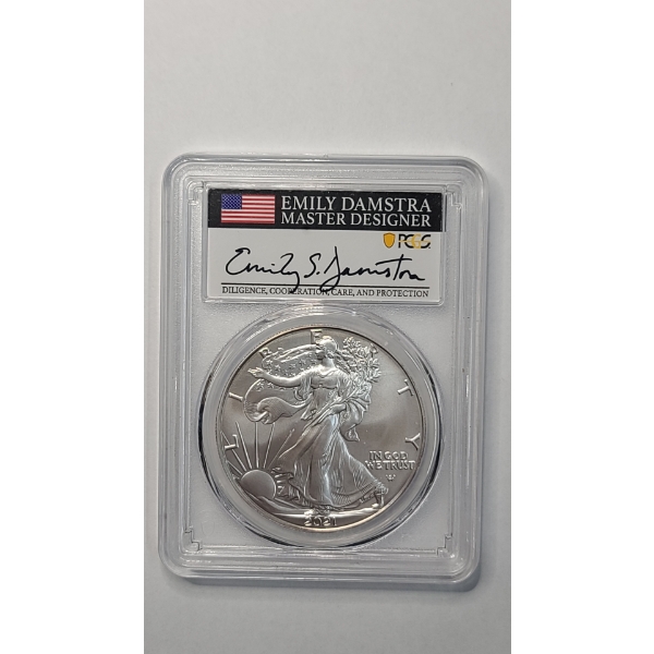 PCGS 2021 GEM BU Type 2 U.S 1 Oz .999 Fine Silver American Eagle Signed By Emily Damstra 