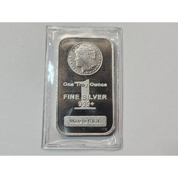 One Troy Ounce .999 Fine Silver Bar Featuring Morgan Dollar Design