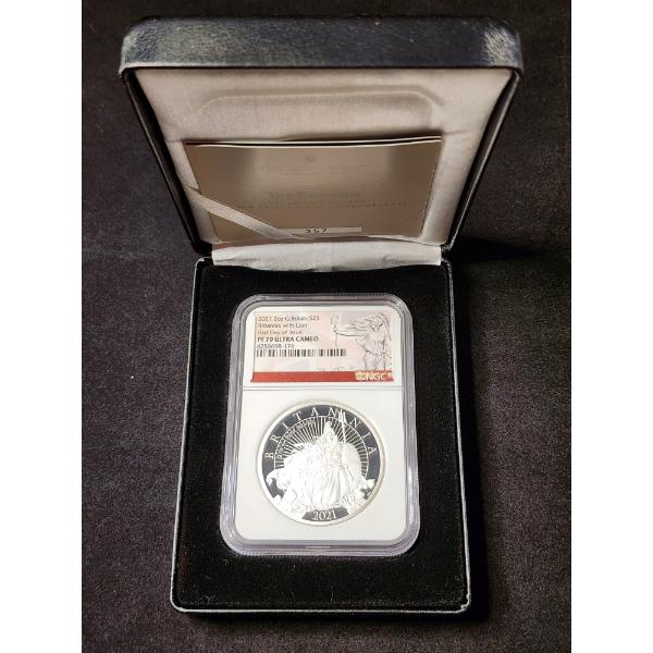 NGC PF70 Ultra Cameo 2021 Silver 2 Oz Britannia With Lion Round - First Day of Issue - In Display 