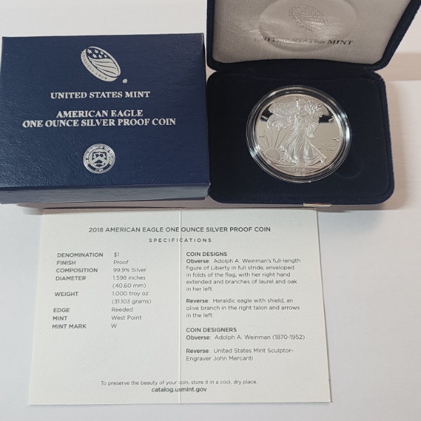 U.S. Mint 2018-W American Silver Eagle $1 Proof - 1 oz .999 Fine Silver - OGP Box & COA