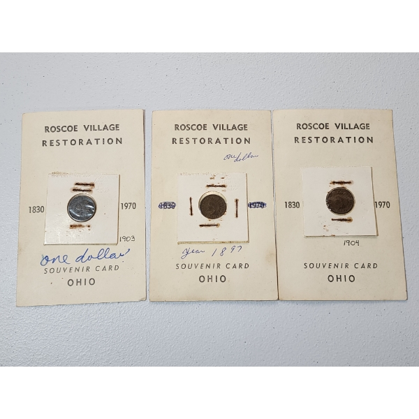 (3) Indian Head Cents: 1903, 1897, 1904 With Roscoe Village Restoration OH Souvenir Cards