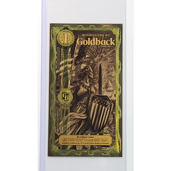 Limited Edition 2026 Washington D.C 1 1/1000th Troy Ounce 24K Gold 250th Anniversary Goldback Note 
