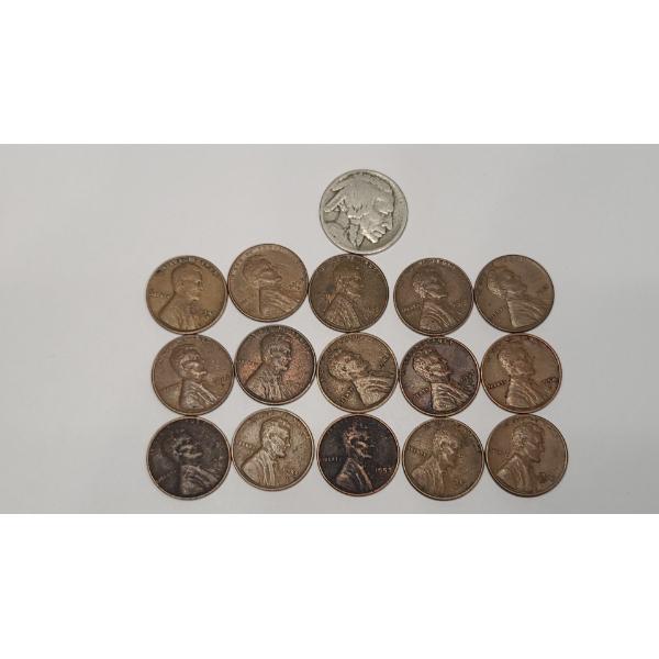Assorted Years/Mint Marks United States Lincoln Wheat Cents & Unknown Year Buffalo Nickel - Face Val