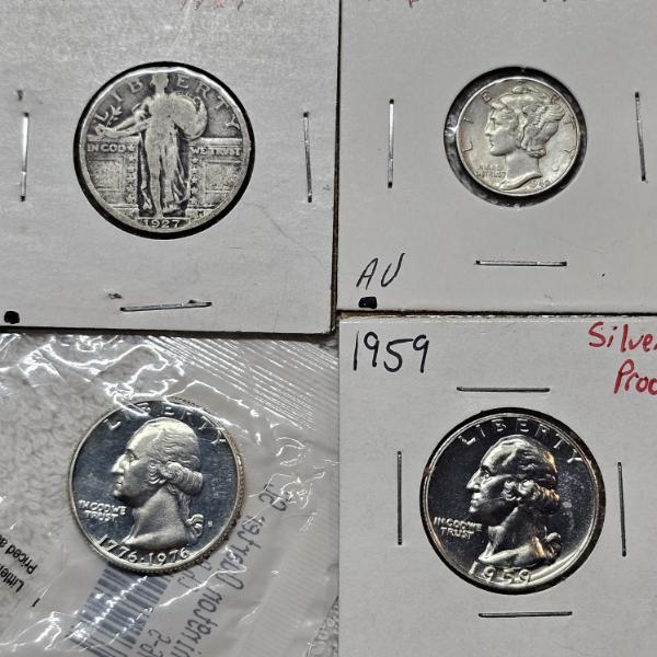 Four Historic United States Silver Quarters - (3) 90% Silver, (1) 40% Silver. FV: $1.00