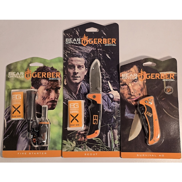 Set of 3 Bear Grylls Gerber Survival Items - Fire Starter, Scout Knife, Survival AO Knife