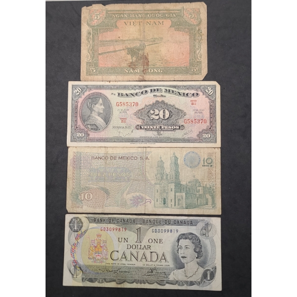Assorted Foreign Currency Featuring Vietnamese, Mexican & Canadian