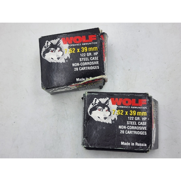 2 Boxes of Wolf 7.62x39mm Rifle Ammunition - 122 Grain HP - Made in Russia