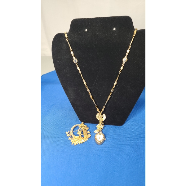 Vintage Gold-Tone Kirks Folly Angel Watch Necklace & Cherub/Fairy Moon Brooch