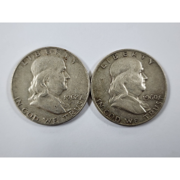 Two 90% Silver United States Franklin Half Dollars ~ 1960-D & 1962-D ~ $1.00 Face Value