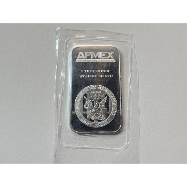 One Troy Ounce AMPEX .999 Fine Silver Bar Featuring American Eagle Design