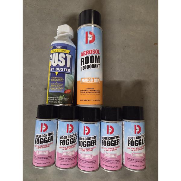 All Brand New- Five 5OZ Big D Odor Foggers, One 12OZ Big D Room Deodorant & One Can Of Spray Duster 