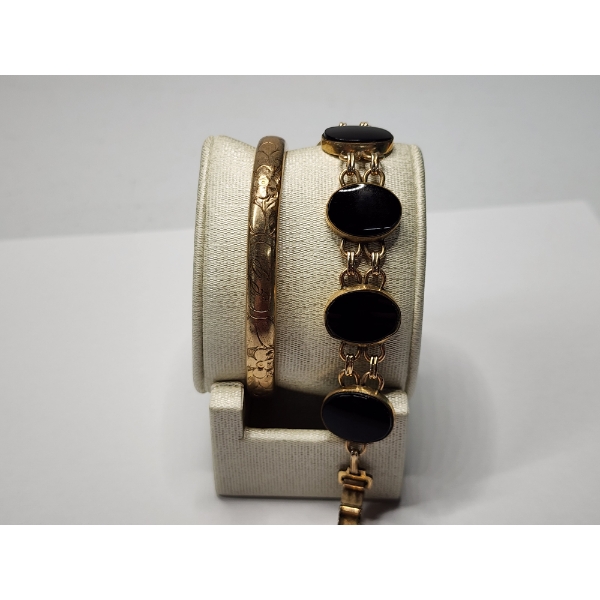 Two Gold-Filled Bracelets: One Detailed Bangle and One With Onyx-Like Stones TW: 27.9g
