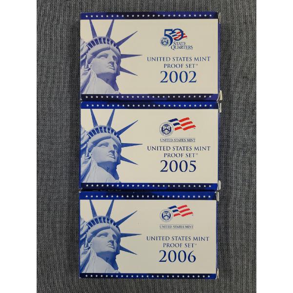 Three United States Mint Proof Sets Dated 2002, 2005 & 2006