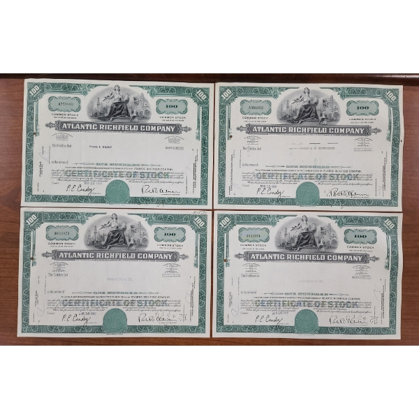 Lot of Four 1969 Atlantic Richfield Company One Hundred Shares Stock Certificates