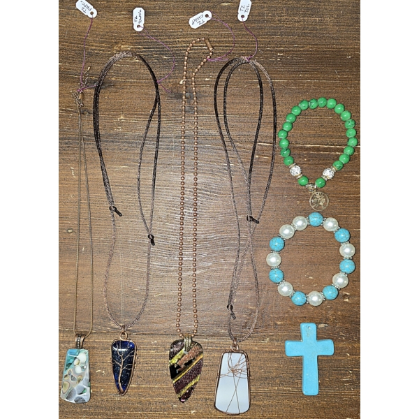 Lot of 4 Natural Stone Necklaces with Different Designs Front and Back, Turquois Cross and more