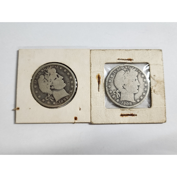 1899 & 1908--O Barber Half Dollars - 90% Silver U.S. Coins - FV: $1.00