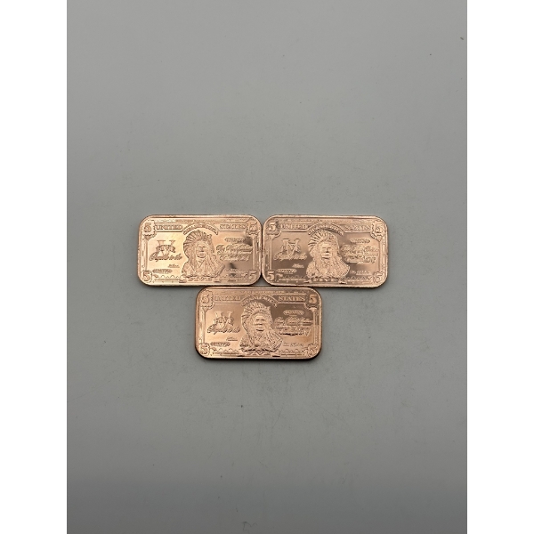 Three Lakota Chief '$5 Silver Certificate' 1 AVDP oz .999 Fine Copper Bars