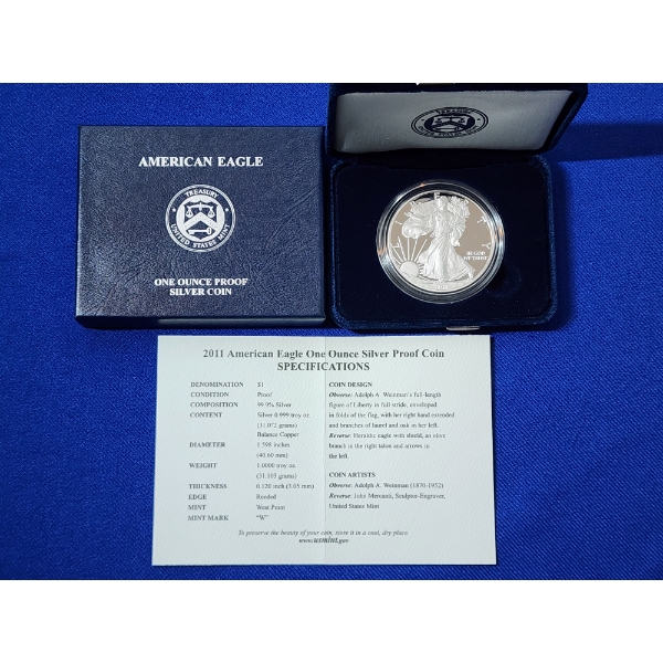 2011-W Silver American Eagle Proof $1 - 1 Troy oz .999 Fine Silver w/ Box & CoA