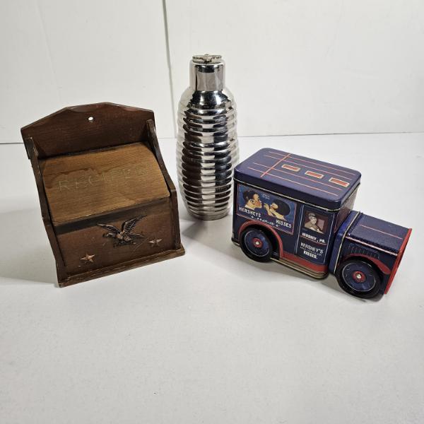Lot of Three Vintage Items ft. Wooden Recipe Box, Art Deco Beehive Shaker, and Hershey's Kisses Tin