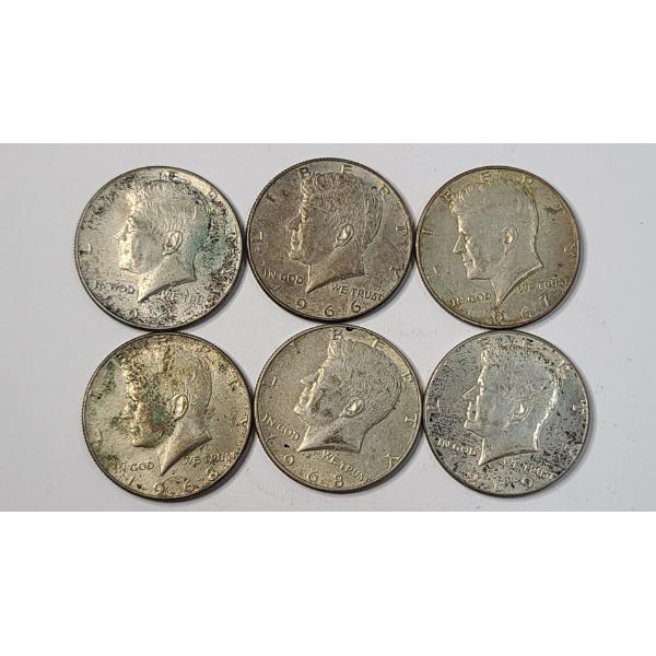(6) Assorted Years 40% Silver Kennedy Half Dollars - 1965, 1966, 1967, 1968, 1969 - Face Value: $3