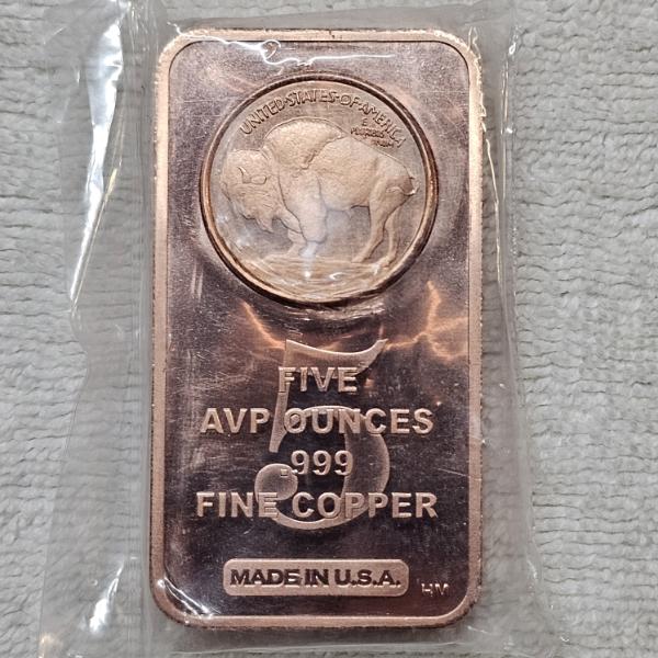 5 AVDP Ounce Buffalo .999 Fine Copper Bullion Bar