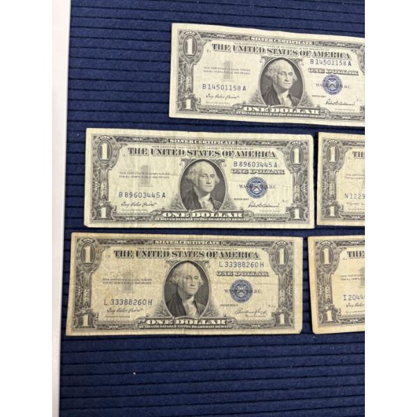 One Dollar Silver Certificates Blue Seal - 5 Total - 1957 (3) - 1957 A - 1935 E