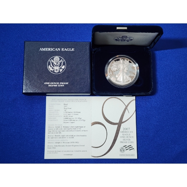 2007-W Silver American Eagle Proof $1 - 1 Troy oz .999 Fine Silver w/ Box & CoA