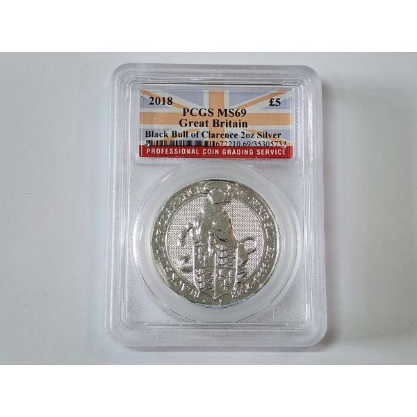 PCGS MS 69 2018 Great Britain Black Bull of Clarence 2 oz .9999 Fine Silver Round