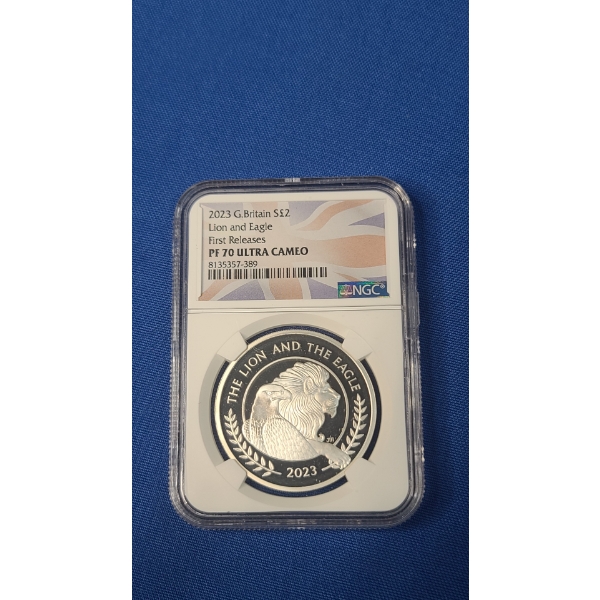 NGC 2023 Great Britain Lion And Eagle First Releases PF 70 Ultra Cameo 2 Pounds 1 oz Silver Coin