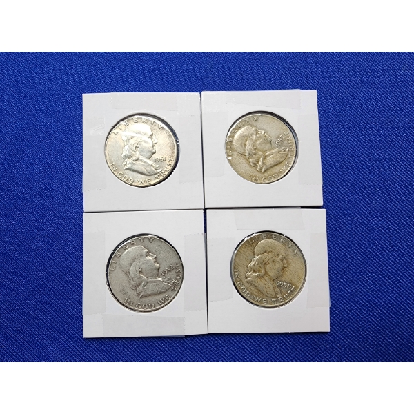 4 Franklin Silver Half Dollars - Years: 1952, 1951, 1958, 1957