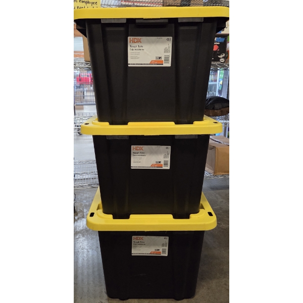 Three Brand New HDX 27 Gallon Tough Totes Storage Containers